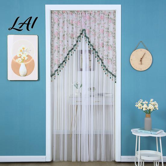 Light Filtering Balcony Partition Sheer Lace Door Curtain Embroidered Floral Doorway Curtain with Beads No Drill Rod Pocket Room Divider for Bedroom