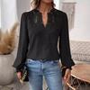 Women Short V-Neck Half Open Collar Lace Stitching Long-Sleeved Shirt Solid Color Loose Fit Pullover