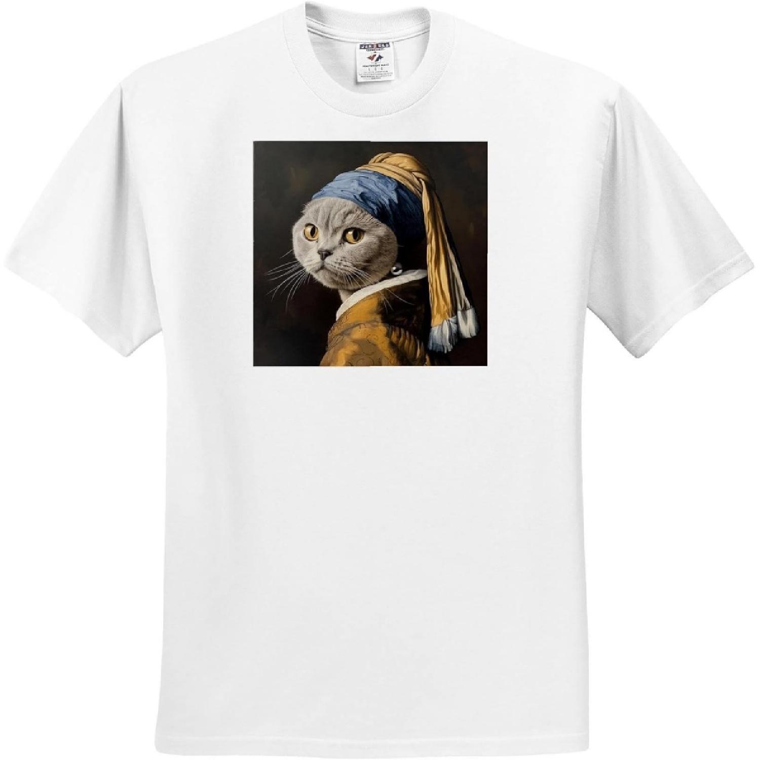 3dRose, British Shorthair cat with Pearl Earring Golden Age Painting, T-Shirt XXXXXL белый