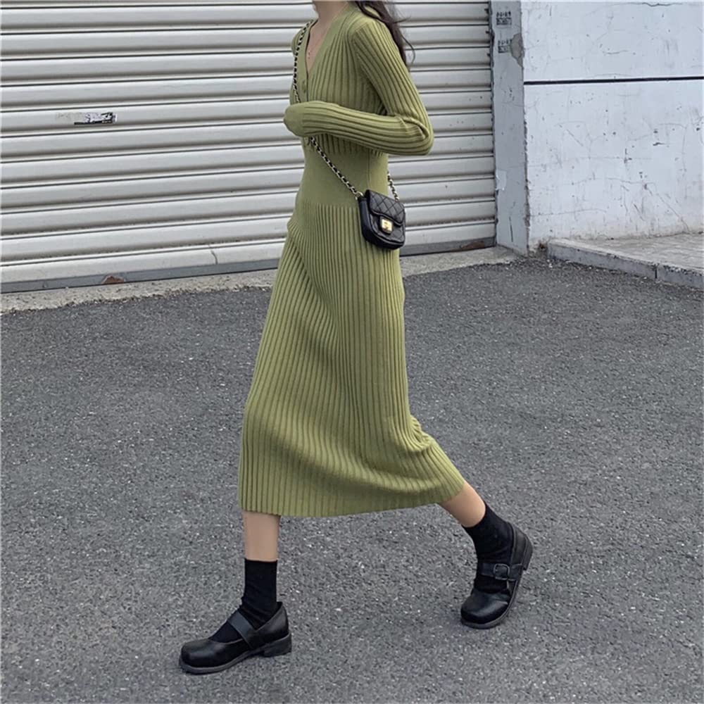 Newsight Knit Tight Long Long Sexy Bodycon Dress Women's Dress, Skirt, Sleeves, V-Neck, Cute, Stylish, Off-the-Shoulder, (Green)