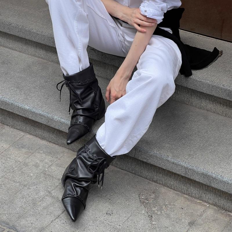 Sheepskin version retro versatile pointed boots inner height increasing strap design niche short boots slim temperament female knight boots