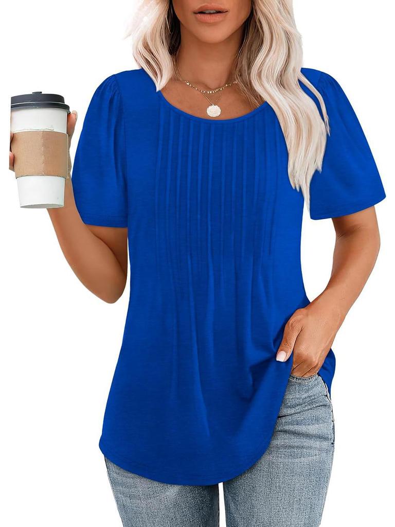 Pleated Round Neck Short Sleeve Women's T-Shirt - New 2024 European & American Style