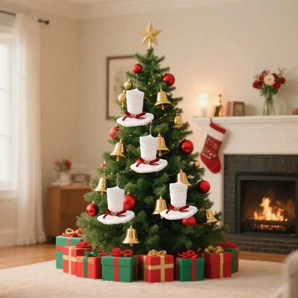 Holiday Tree Ornaments Set of 4 Top Hats with Fabric Material and Bells Suitable for Christmas Tree and Seasonal Decoration