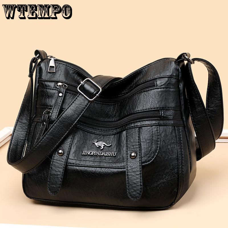 WTEMPO Soft Washed PU Leather Crossbody Bag Multi Zipper Adjustable Wide Strap Large Capacity Shoulder Messenger Bag for Women Daily Use