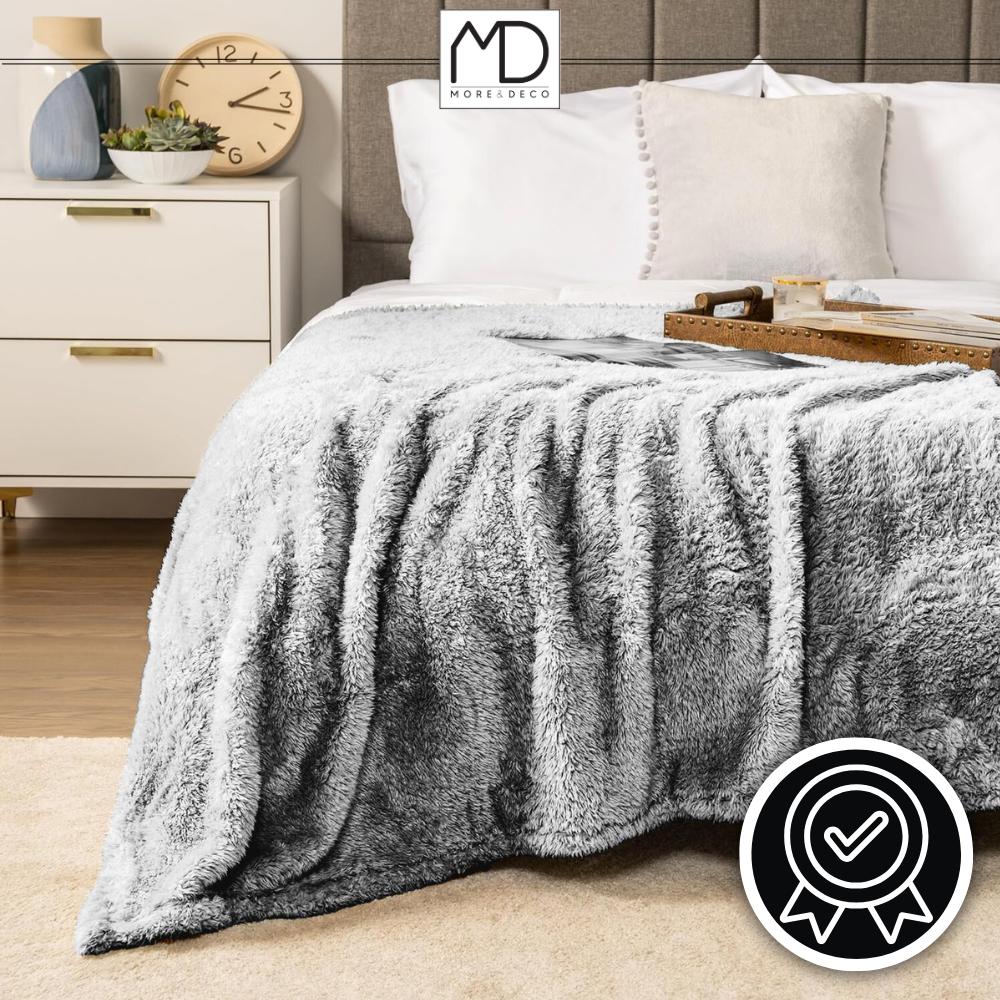 Koc pled 160×200 cm narzuta kapa szary melanż 250g/m² dłuższy włos mięsisty MORE&DECO