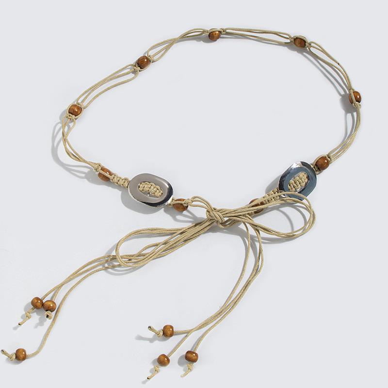 Ethnic Woven Waist Tie With Wooden Beads For Boho Chic Summer Dresses And Casual Looks