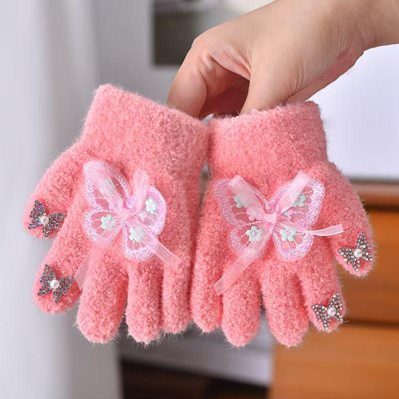 New gloves flower bow full-finger gloves autumn and winter girl finger cute warm thickened cold-proof granular velvet