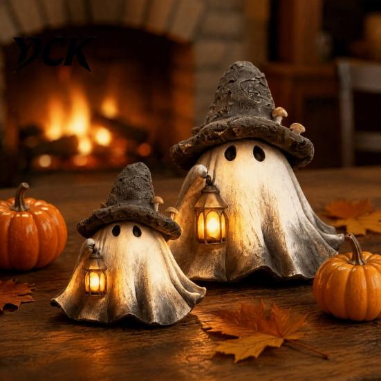 Atmosphärische Halloween-Partyartikel Geist Hexenhut Harzfigur mit LED-Laterne, Vintage Hexe Dekorative Laterne für Spukhaus Halte-Lampe