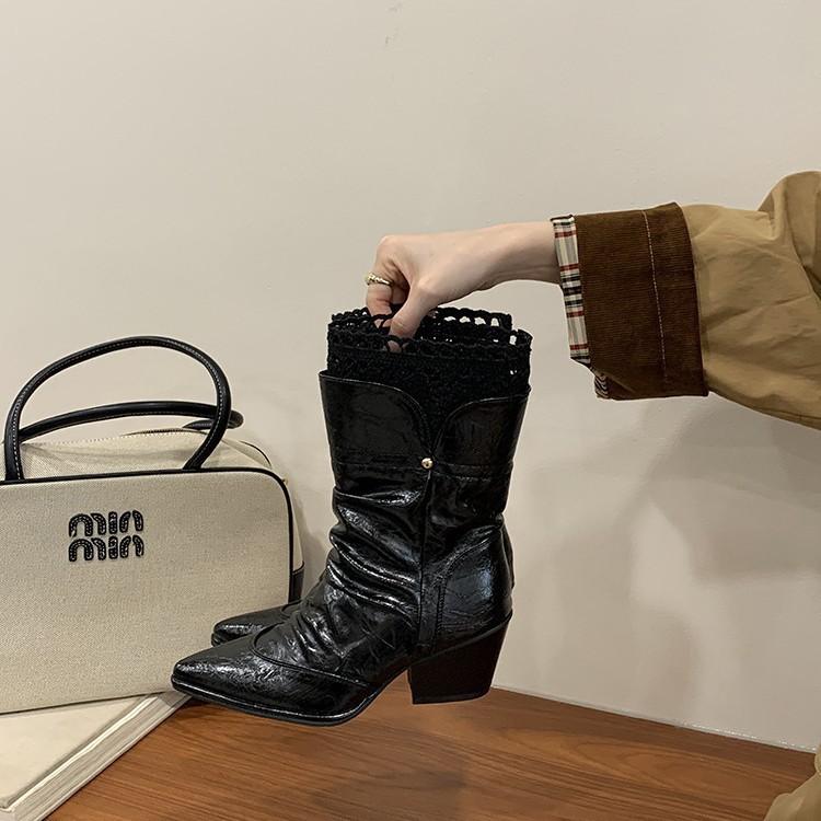 Autumn and winter 2025 new pointed thick heel medium boots lace edge sleeve high heel women's boots