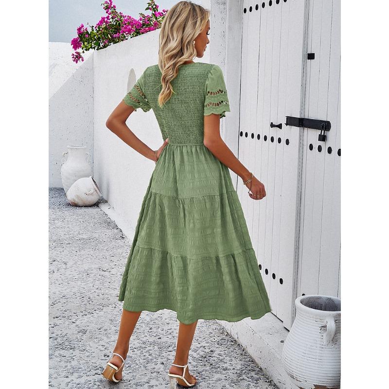 Women's Spring and Summer Temperament Solid Color Short-sleeved Hollowed Out Dresses