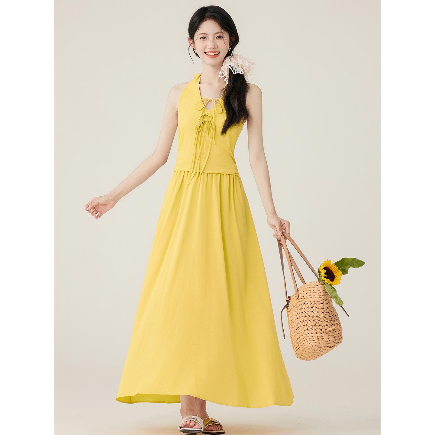 

Летний отпускной стиль бант ремешок талия тонкий без рукавов шея длинное платье L жёлтый