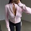 Women Half High Collar Zipper Knit Cardigan Slim Fit Long Sleeve Solid Color Cropped Top