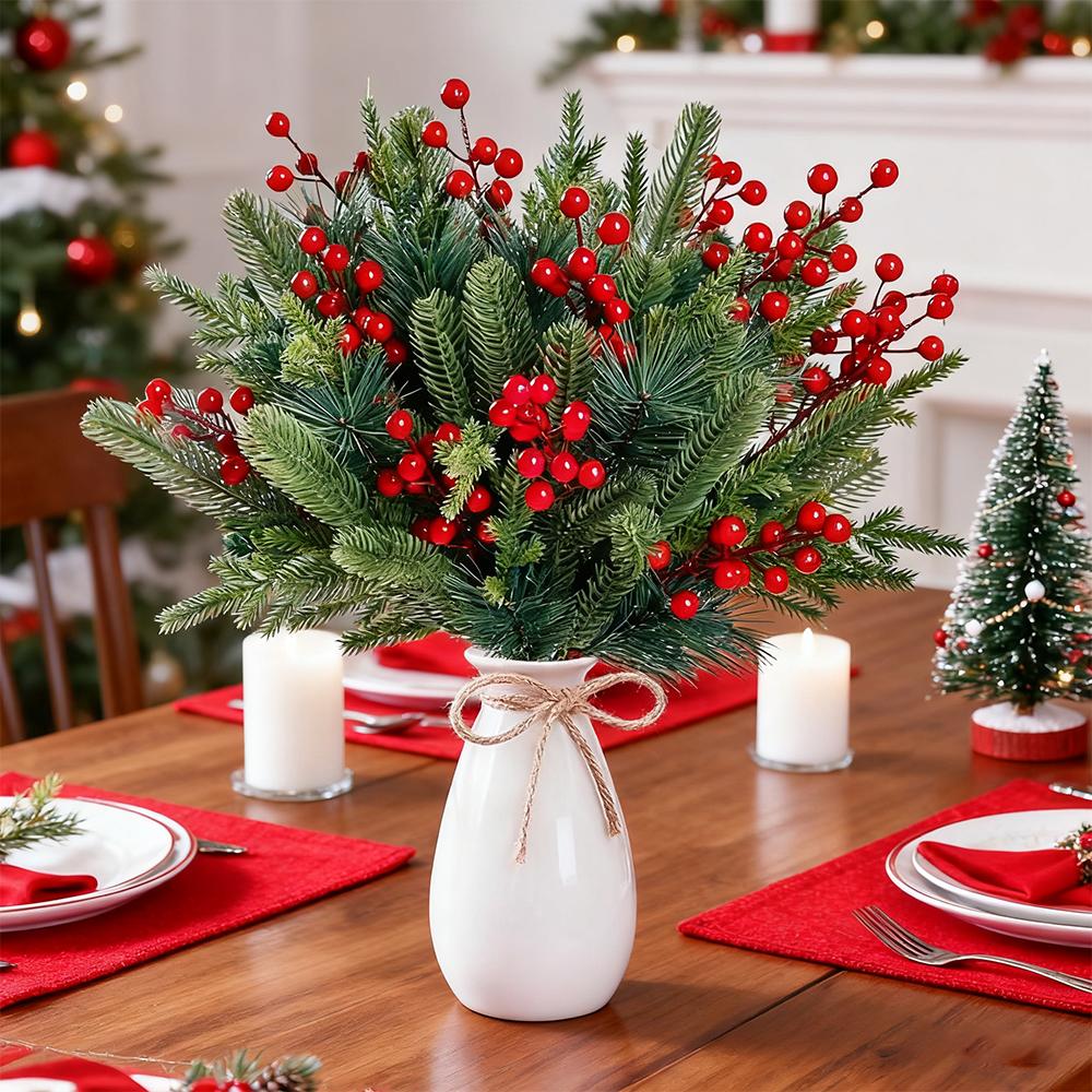 40Pcs Artificial Pine Needles Branches Greenery Faux Red Berry Picks Fake Flowers for DIY Wreath Xmas Embellishing Decorations