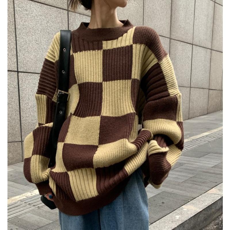 Comfortable Versatile Fashion Checkerboard Check Sweater Female Autumn and Winter Design Niche Top Retro Japanese Lazy Wind Knitwear