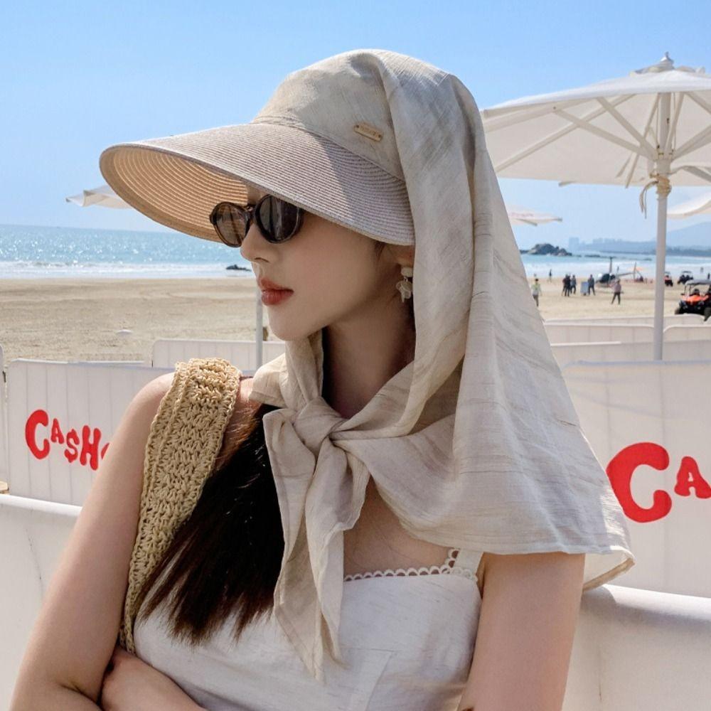 Print Summer Sun Hat Wide Brim Strappy Scarf Hat Portable Scarf Baseball Cap Girl
