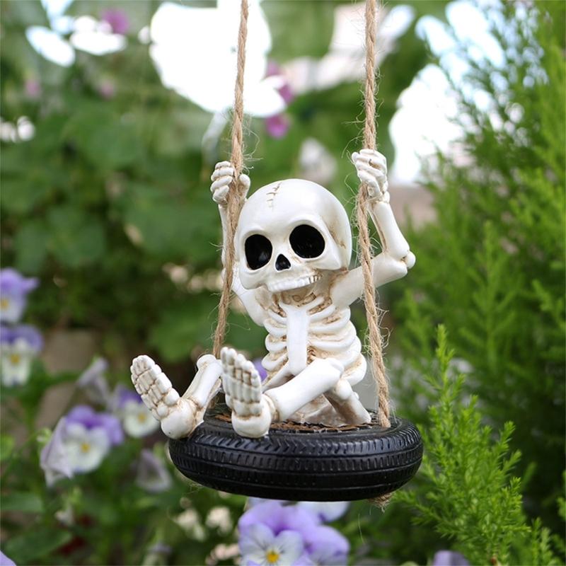 Scary Skeleton a Swing Hanging Statue Garden Decors Tire Swing Skull Sculptures Hanging Ornament for Patios Lawn Yard