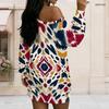 Women Plus Size Off Shoulder Long Sleeve Geometric Print Loose Tunic Dress