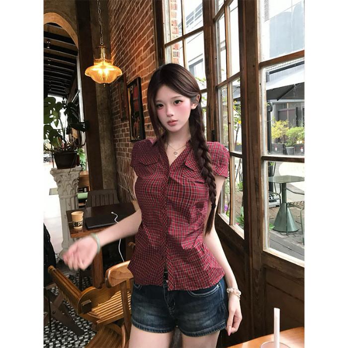 Yaz Moda Tutkunları İçin Dar Kesim Kore Vintage Kareli Kısa Kollu Gömlek