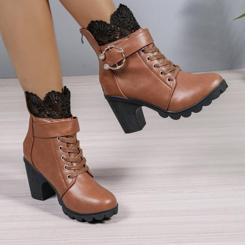Large size metal buckle fashion women's boots autumn and winter lace lace rear zipper cross strap women's boots