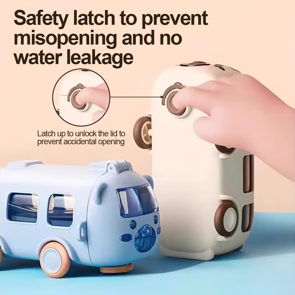 Bus Straw Water Bottle With Strap,Portable Cute Bear Car Water Bottles with Movable Wheels, Leakproof Bear Drinking Jug
