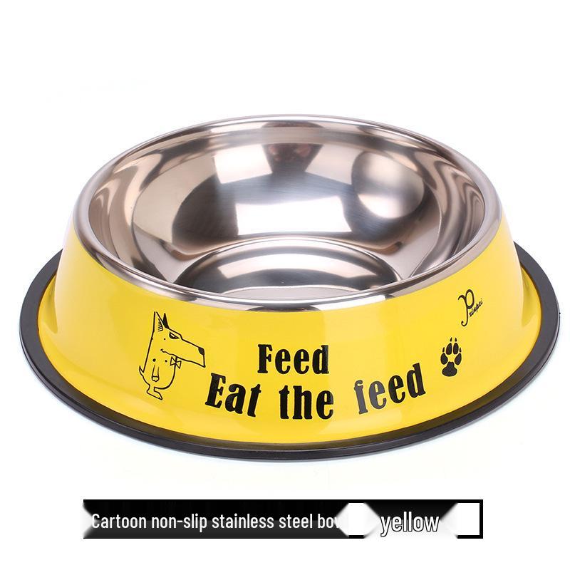 Anti-Spill Stainless Steel Pet Bowl with Rubber Bottom and Paw Print Design