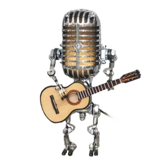 Retro Mikrofon Robot Nattlampe Bevegelige Ledd Vintage Holder Gitar Metall Rock MIC Robot LED Bordlampe Skrivebordsdekorasjon Ornament