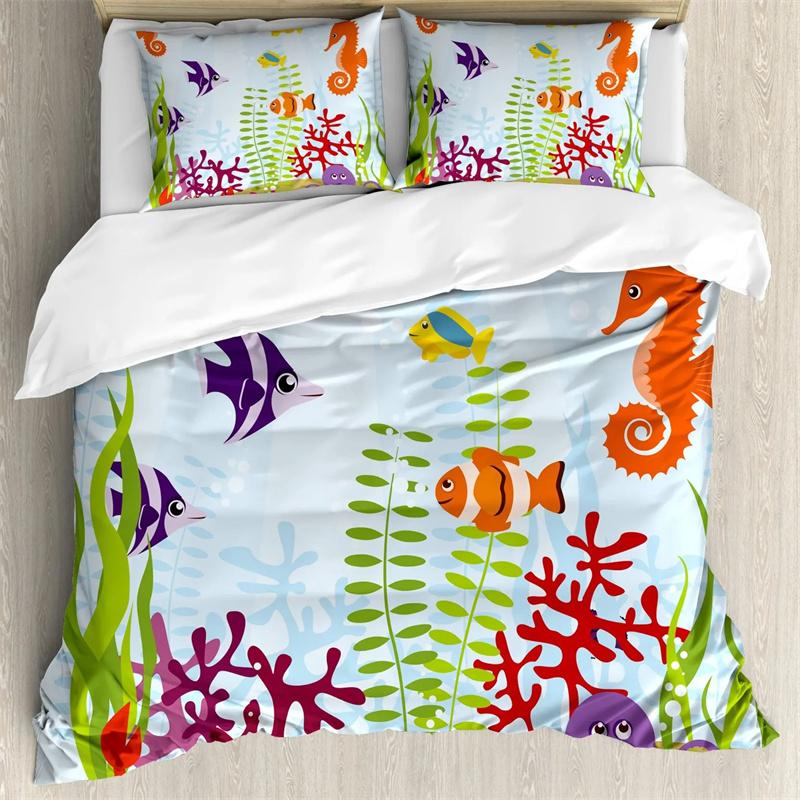 Seahorse Duvet Cover Marine Ocean Animal Print Bedding Set Mediterranean Teal Theme for Kids Women Gifts