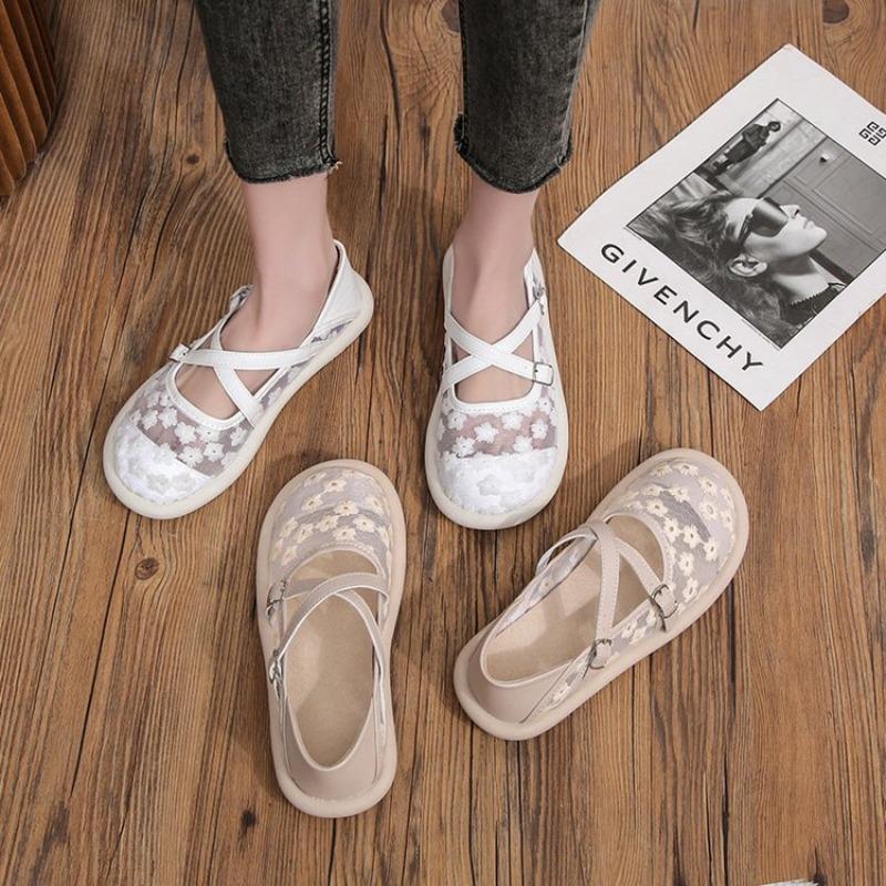 Fashion Mesh Embroidery Brand Lace Women Ballet Flats Fashion Breathable Women's Mary Jane Shoes Comfort Low Heel Soft Barefoot Shoes