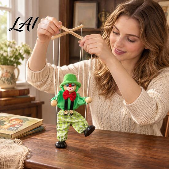 Marionette Puppet Wooden Clown Toy Vintage Pull String with Movable Limbs Limbs Handcrafted Classic Storytelling Theatre Toy for Kids