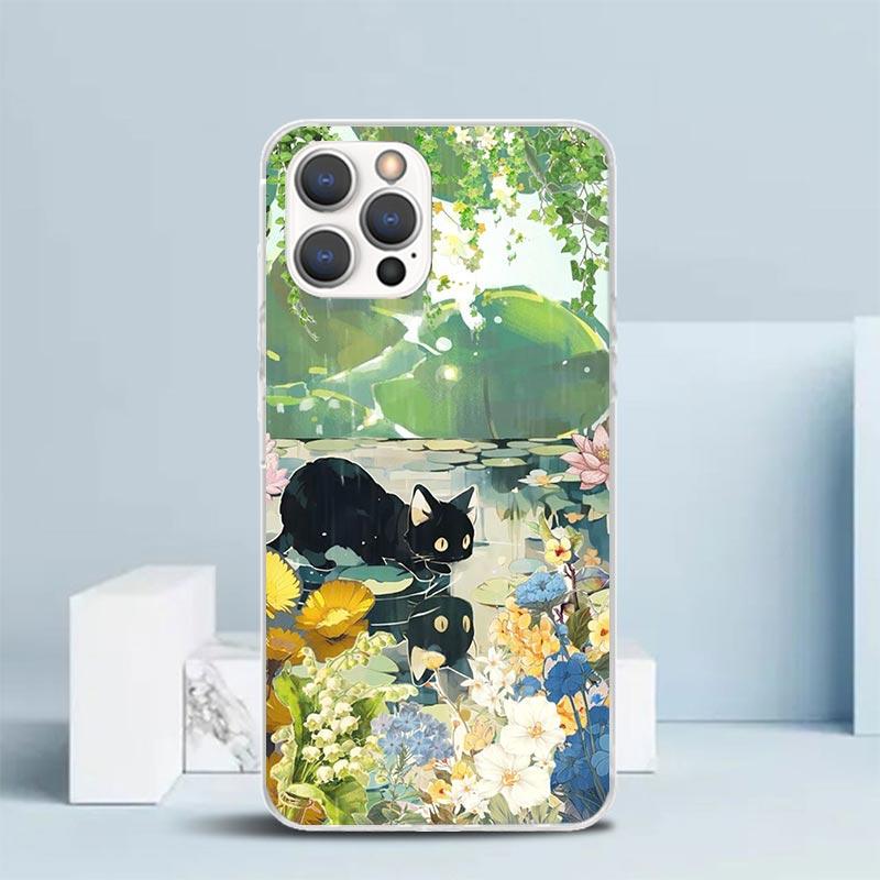 Cartoon Cute Black Cat Phone Case For IPhone 16 17 Air 16E 15 14 Plus 13 Mini 12 11 Pro Max 7 8 + SE 2020 Soft TPU Back Cover 16