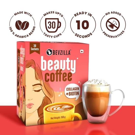 Bevzilla 30 Instant Beauty Coffee Infused with Marine Collagen, Biotin & Vitamin E Powder Sachets (30 X 5 Gram Sachets) Arabica Coffee