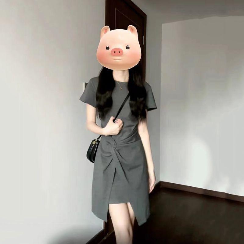 Classic French Style Grey Knit Short Sleeve Dress For Business Casual Women