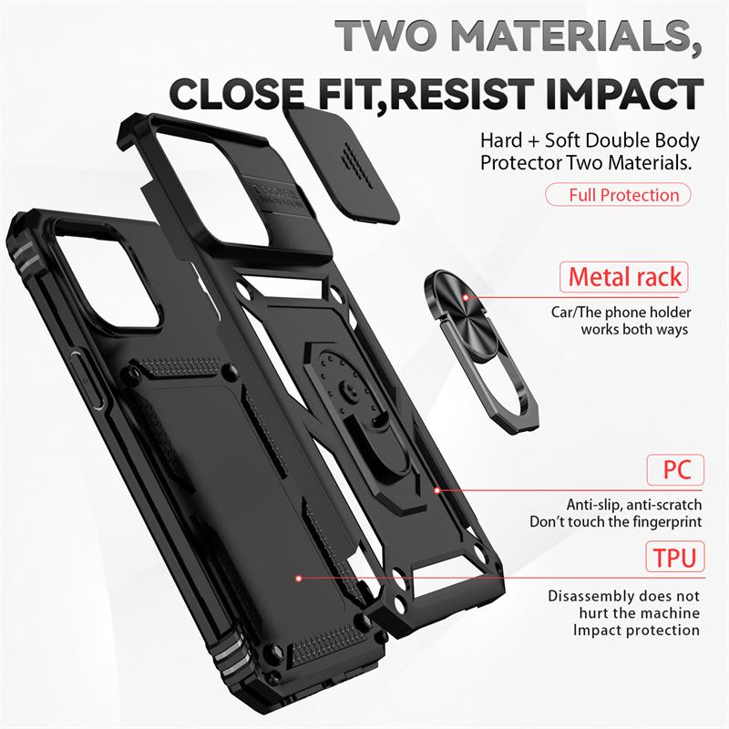 Sliding Push Window Case For iPhone 15 Pro Max Case iPhone 15 Cover Armor Shockproof Metal Ring Holder Camera Protector Cover