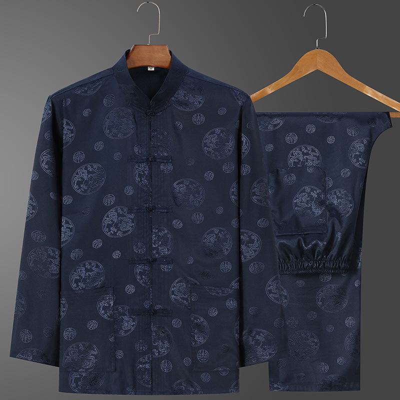 Men's Retro Ice Silk Long-Sleeved Tang Suit for Spring/Summer - Middle-Aged & Elderly Hanfu Tai Chi Outfit