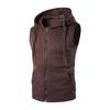 Men Vest Jacket Hooded Drawstring Sleeveless Zipper Placket Vest Coat Solid Color Pockets Zipper Placket Waistcoat