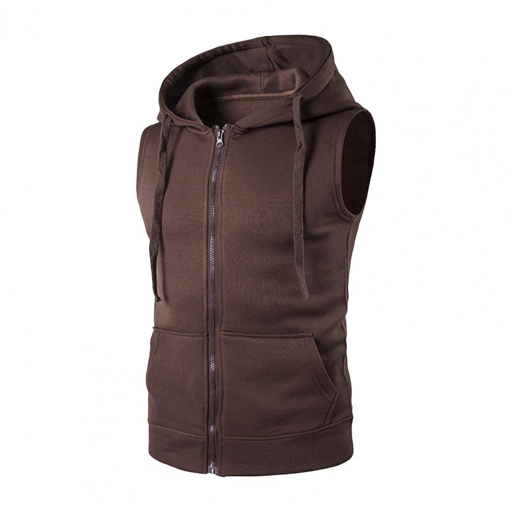 Men Vest Jacket Hooded Drawstring Sleeveless Zipper Placket Vest Coat Solid Color Pockets Zipper Placket Waistcoat
