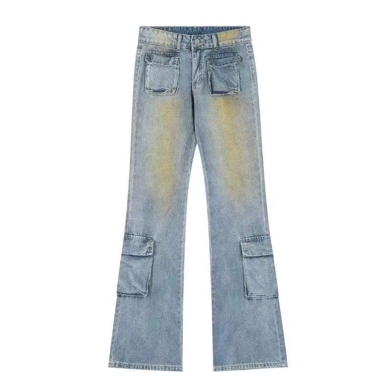 Jeans Américains Dégradés High Street Nouveaux Vêtements Féminins Pantalons en Denim Vintage Coupe Droite Mode avec Poches Pantalons Amples Assemblés