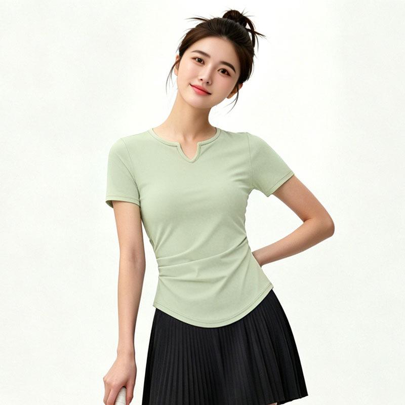 Elastic Quick-drying Yoga Top, Women's V-neck Waist Model, Thin and Meat-covering, Daily Wear Sports T-shirt, Breathable