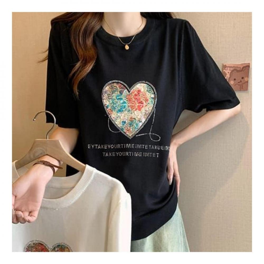 Navava Women Lovely HearT Beads PoinT ShorT Sleeve KniT T shirT Nk2259