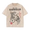 2026 Vintage Washed Beige Double Tiger Graphic T Shirt Brooklyn Gothic Letter Japanese Text Print Oversized Unisex Casual Short