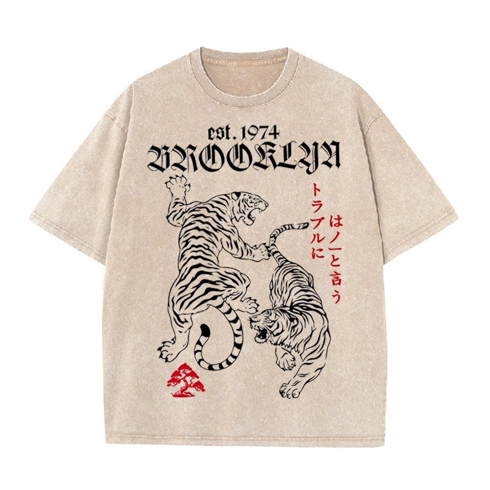 2026 Vintage Washed Beige Double Tiger Graphic T Shirt Brooklyn Gothic Letter Japanese Text Print Oversized Unisex Casual Short