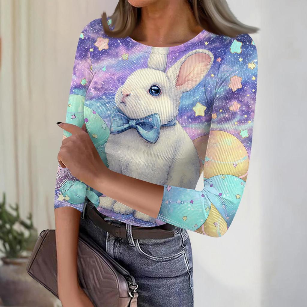 Women's Casual Fashion Round Neck Easter Print Three-Quarter Sleeve Ribbed Top