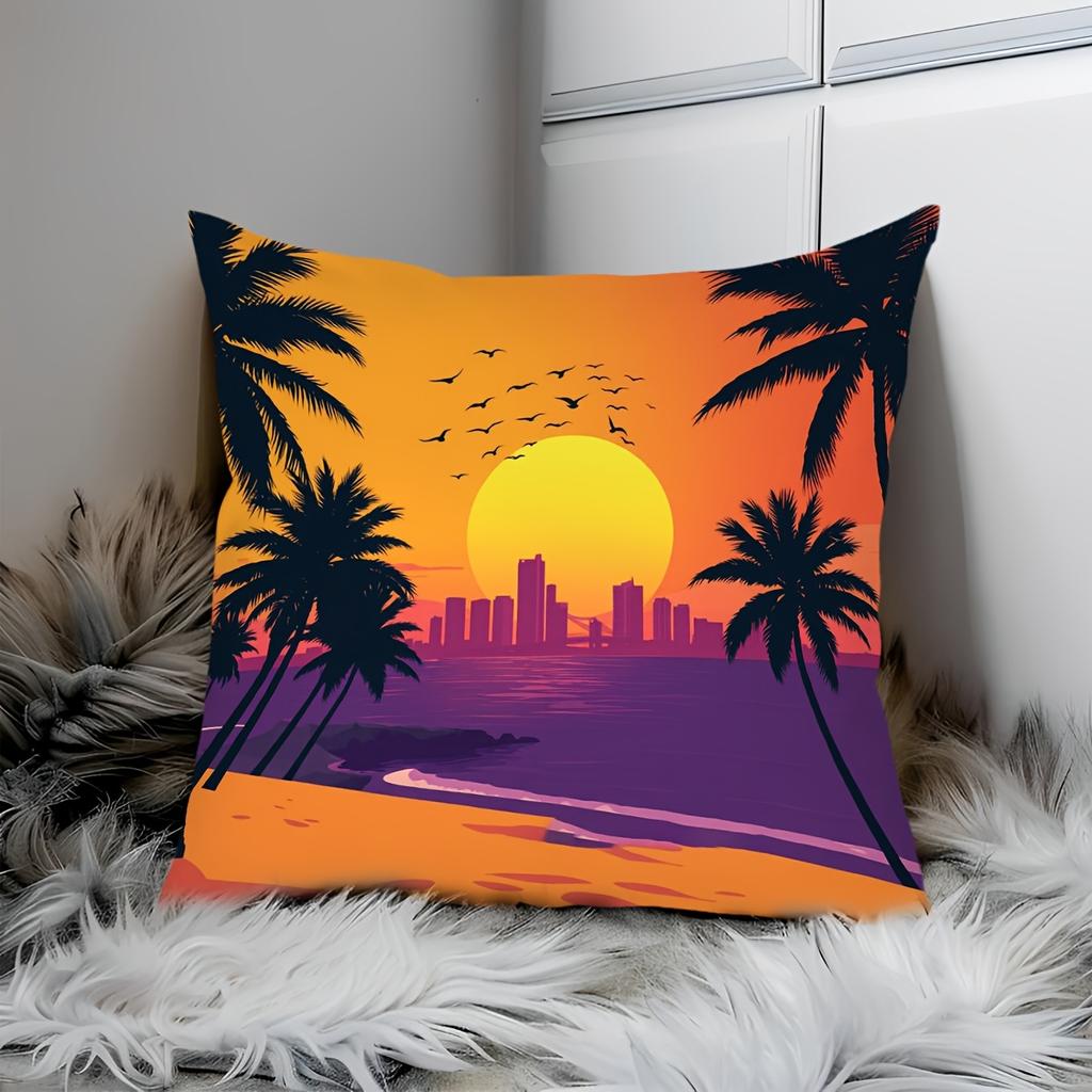 Tropical Sunset Palm Tree Pillowcase Cushion Cover Boho Beach Decor 40x40cm Accent Pillow Home Art Print Throw