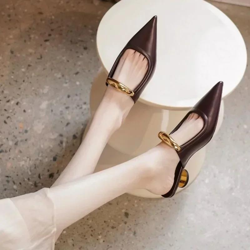 Fashion Punk Gothic Metal Buckle Low Heels Sandals Women 2024 New Pointed Toe Thick Heeled Summer Slippers Woman Platform Muller Shoes