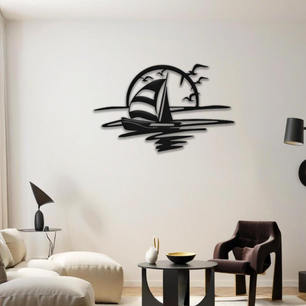 15.75" Sunset Sailboat Seagull Iron Wall Art, Coastal Ocean Decor for Indoor Outdoor Living Room Patio