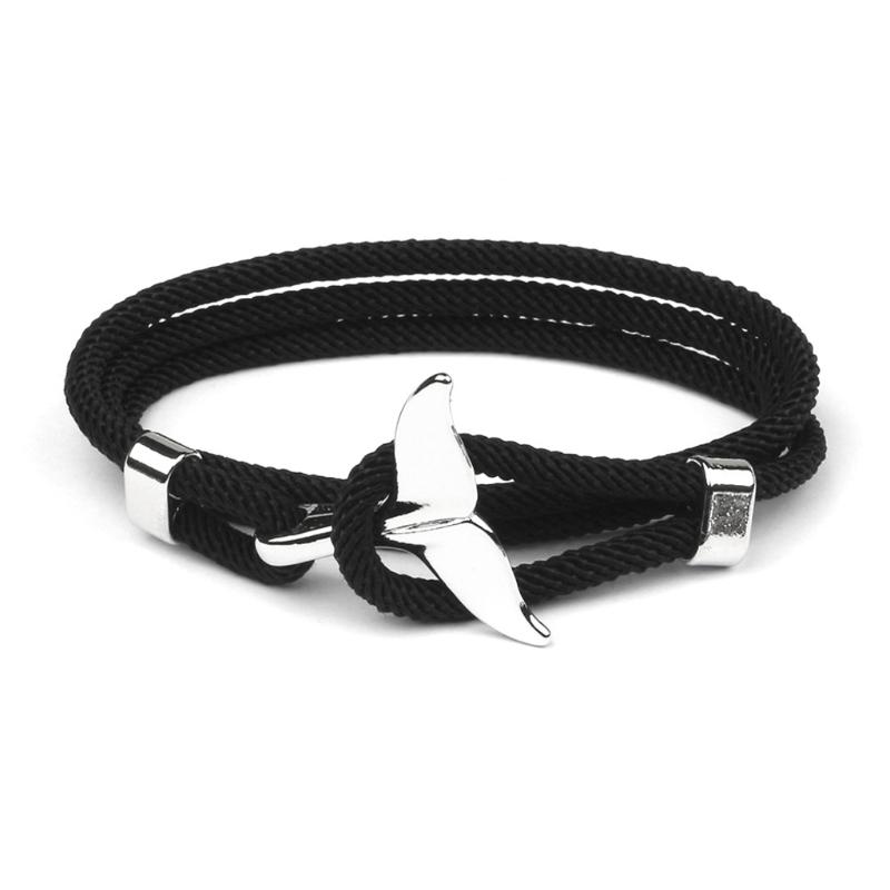 Unisex Zwart-Walvis Armband Verstelbare Nylon Touw Wikkelarmband voor Mannen Vrouwen Tieners Zwart Touw Polsband Armband Sieraden