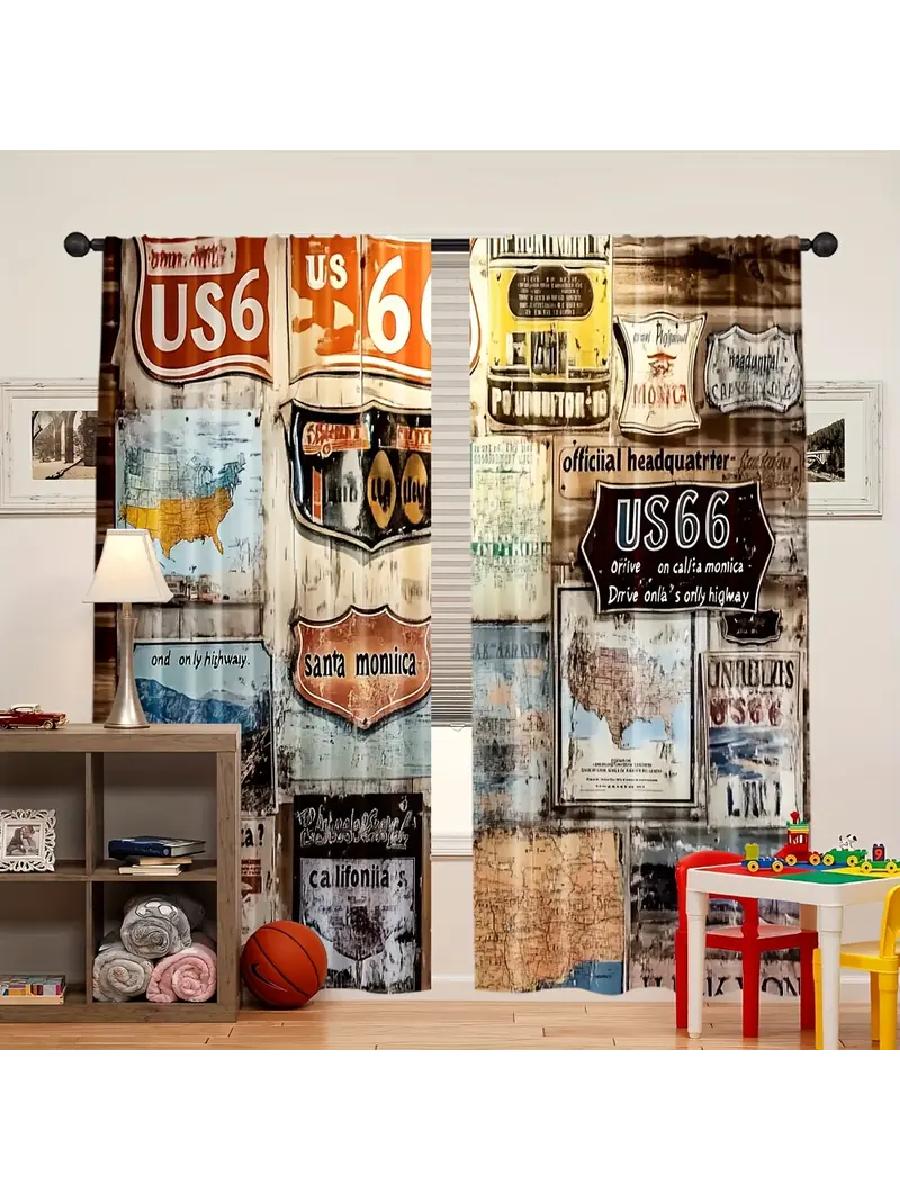 

2pcs Retro US Route 66 Sign Printed Curtains, Designed for Light Filtering, Quality Material, Ideal for Vintage Style Home Windo 24x59in(60x150CM)x2&Rod Pocket