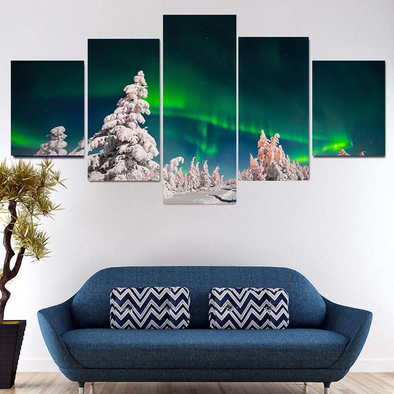 5 панелей пейзаж зеленый Аврора Полярная звезда свет ночное небо холст картины постеры — фото 5