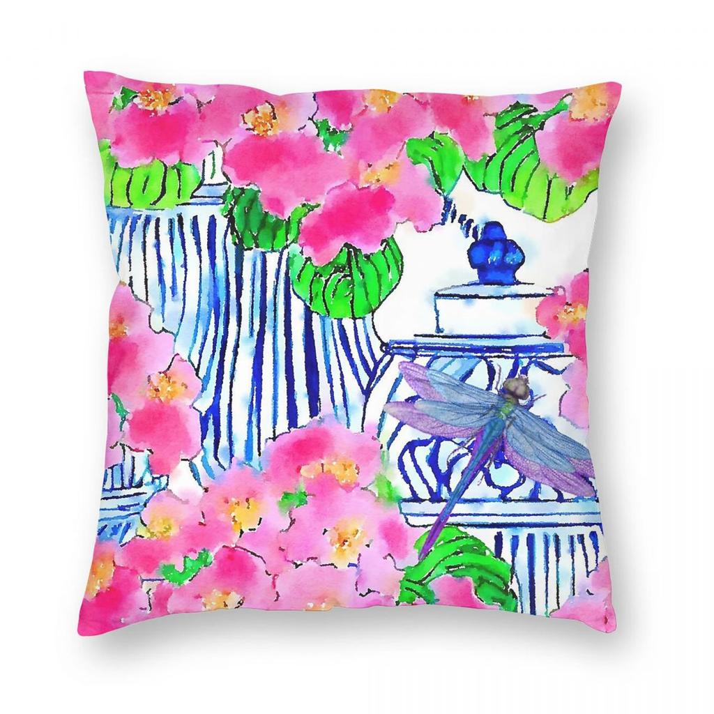 Dragonfly Chinoiserie Jars Pink Pansy Square Pillowcase Polyester Linen Velvet Creative Zip Decor Sofa Seater Cushion Cover