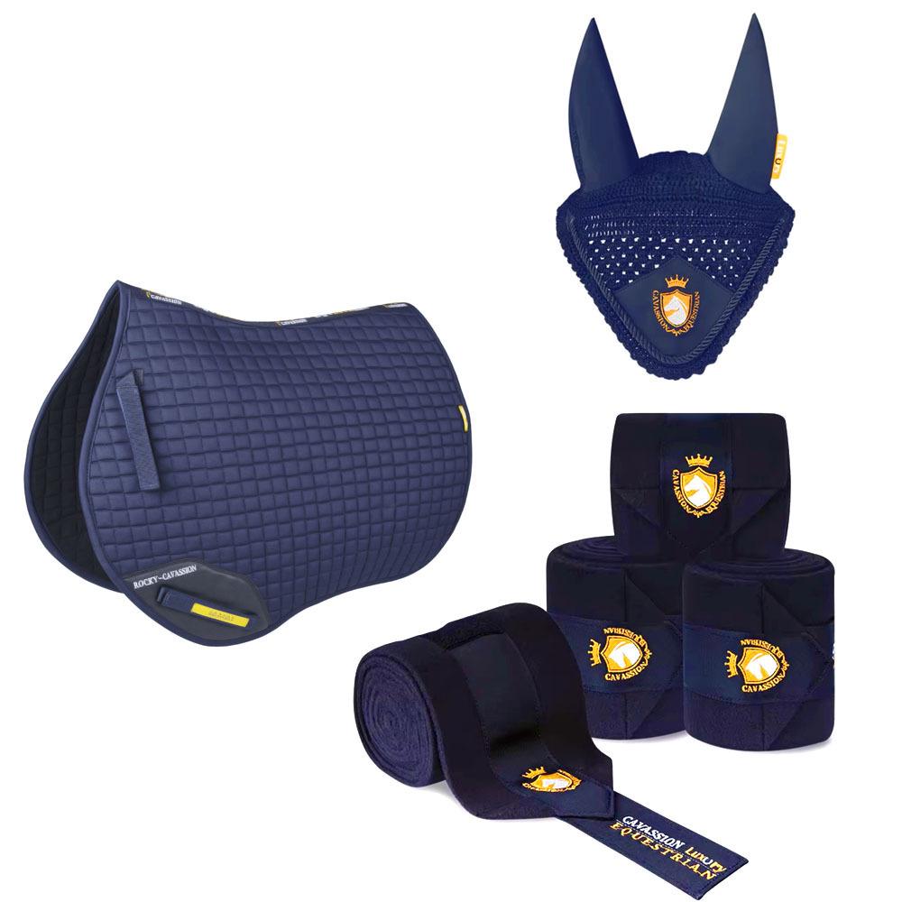 Six-Piece Equestrian Set: Ear Covers, Saddle Pads, Leg Wraps, Halters, Lead Ropes, and Matching Tack